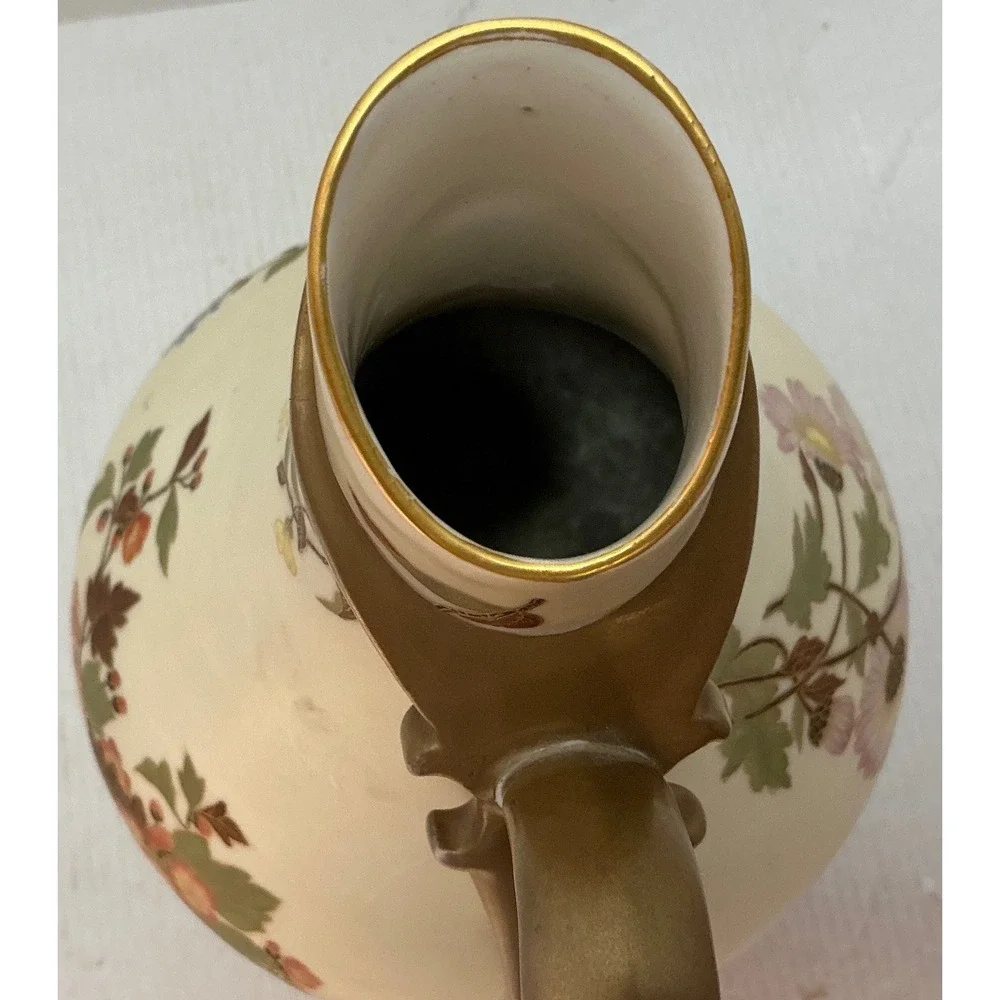 Carlsbad Vintage Porcelain Pitcher Floral Gold Handle Art Nouveau Vase 12.5in